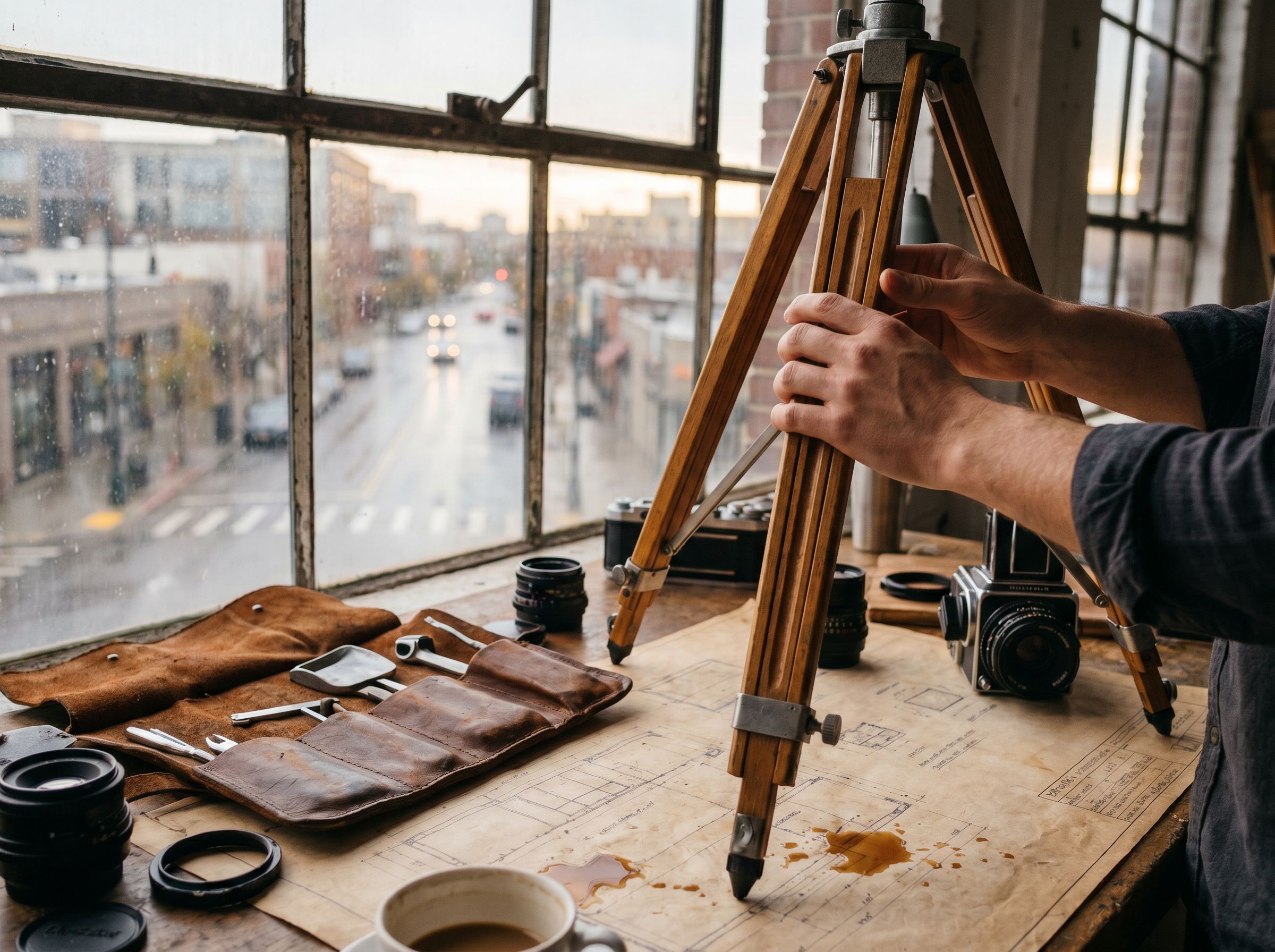 Atelier de sélection — équipement photo, lumière douce, fond mid-tone studio
