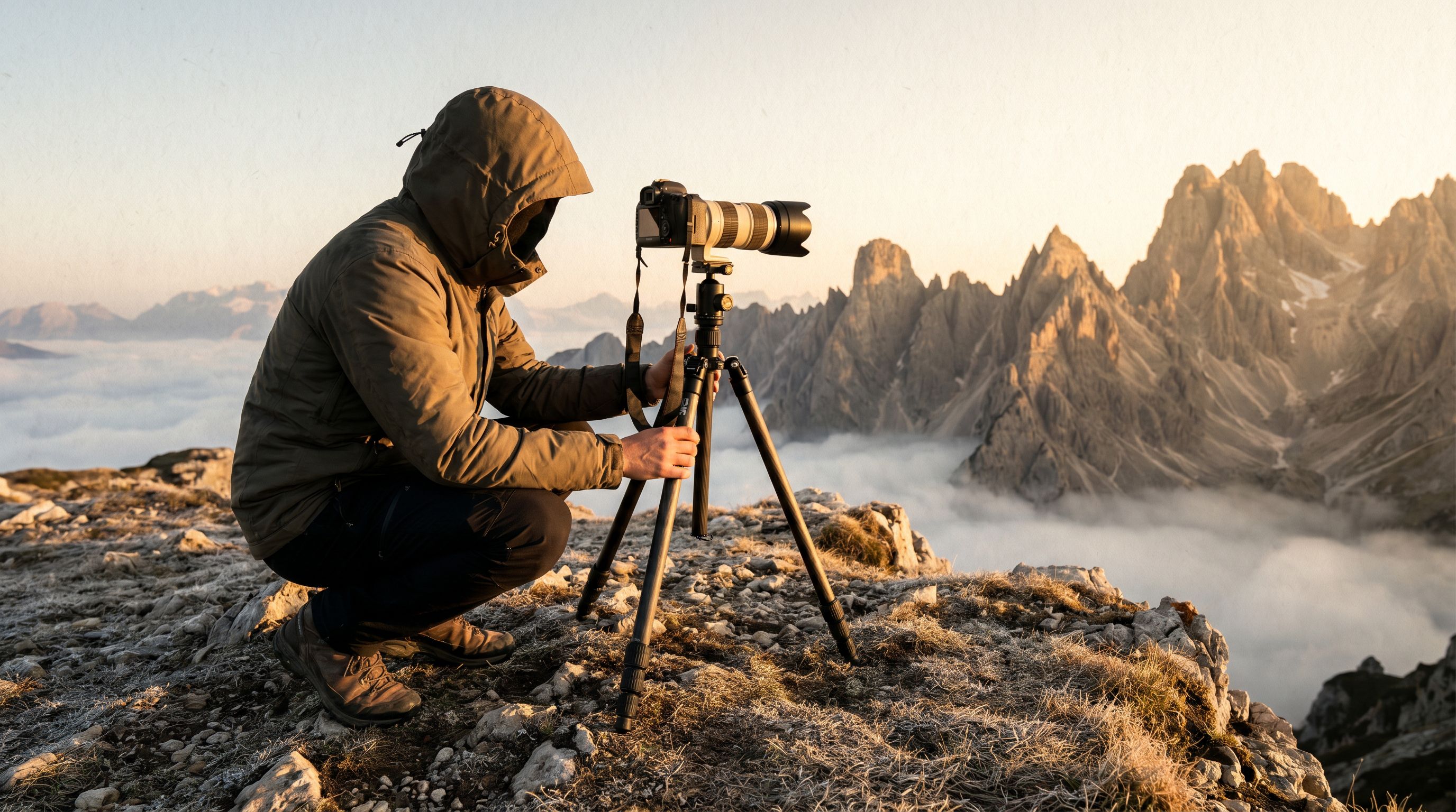 Photographe au lever de soleil avec un trépied installé en surplomb d'une vallée
